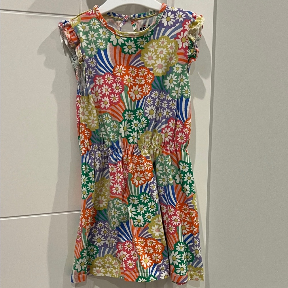 Mini Boden Kids floral ruffle shoulder cotton jersey dress, size 5-6 years